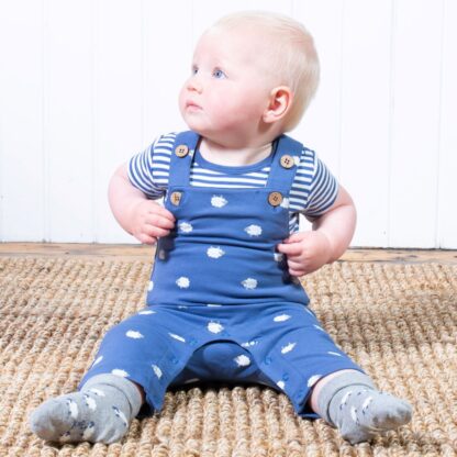 organic baby dungarees in sheepy print to rent