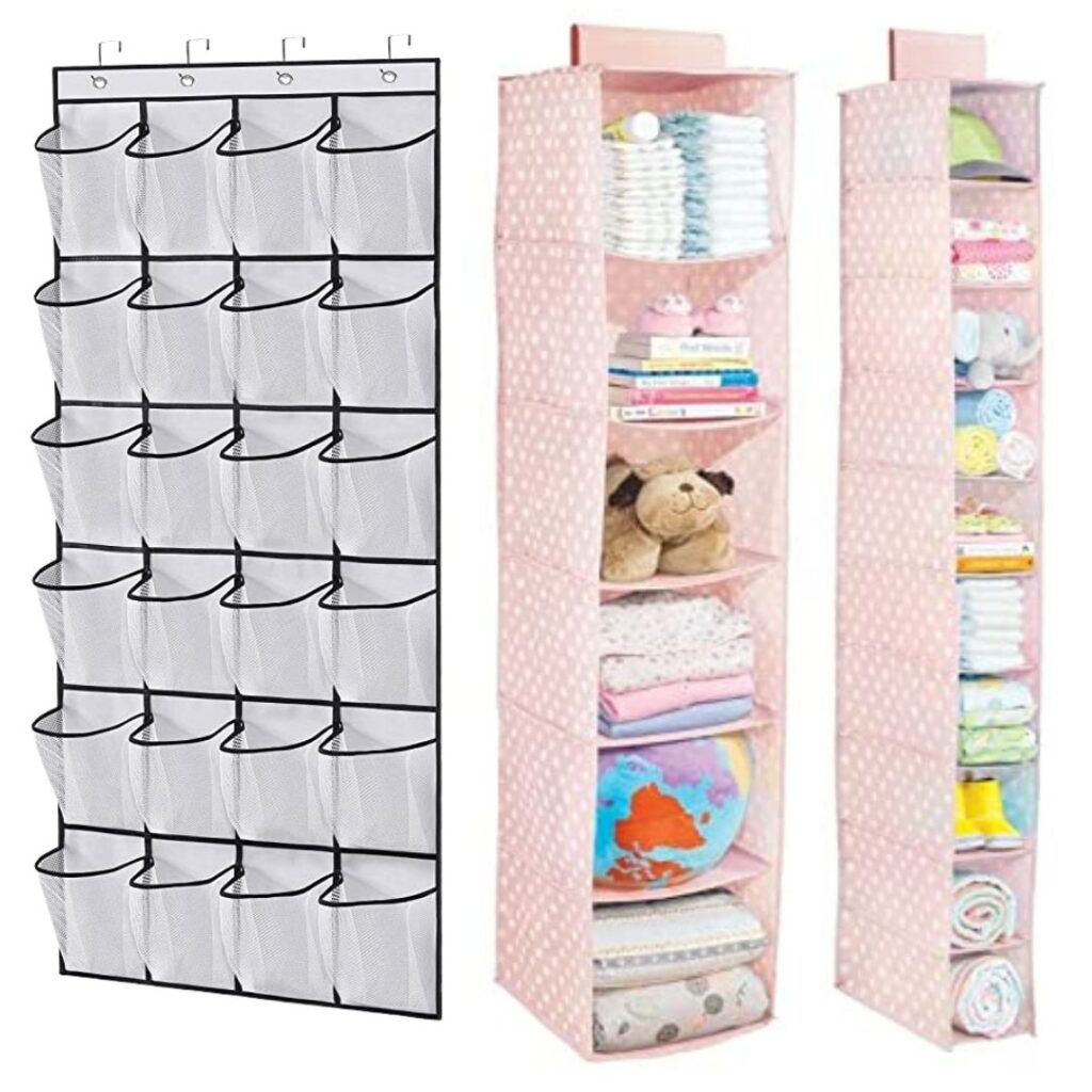 Over door hanging pockets and hanging shelving to store baby clothes