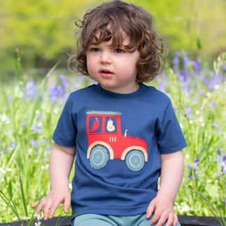 navy with red tractor short sleeve baby t-shirt